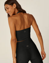 black halter neck cropped spacedye tank top.
